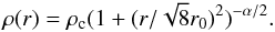 Mathematical equation: \begin{equation} \rho(r) = \rho_{\rm c} (1+(r/\sqrt{8}r_0)^2)^{-\pindex/2}. \end{equation}