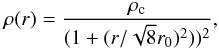 Mathematical equation: \begin{equation} \label{eq_densityprofile} \rho(r) = \frac{\rho_{\rm c}}{(1+ (r/\sqrt{8}r_0)^2) )^2}, \end{equation}