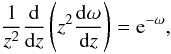 Mathematical equation: \appendix \setcounter{section}{2} \begin{equation} \frac{1}{z^2}\frac{{\rm d}}{{\rm d}z}\left(z^2\frac{{\rm d}\omega}{{\rm d}z}\right)={\rm e}^{-\omega}, \end{equation}