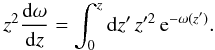 Mathematical equation: \appendix \setcounter{section}{2} \begin{equation} z^2\frac{{\rm d}\omega}{{\rm d}z} = \int_0^{z}{\rm d}z'\,z'^2\,{\rm e}^{-\omega(z')}. \end{equation}