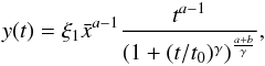 Mathematical equation: \appendix \setcounter{section}{4} \begin{equation} y(t) = \xi_1\bar x^{a-1} \frac{t^{a-1}}{(1+(t/t_0)^\gamma)^{\frac{a+b}{\gamma}}}, \end{equation}