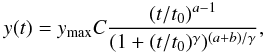 Mathematical equation: \appendix \setcounter{section}{4} \begin{equation} y(t) = y_{\rm max} C \frac{(t/t_0)^{a-1}}{(1+(t/t_0)^\gamma)^{(a+b)/\gamma}}, \end{equation}