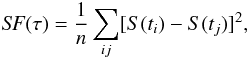 Mathematical equation: \begin{equation} {\it SF}(\tau)=\frac{1}{n}\sum_{ij}[S(t_i)-S(t_j)]^2, \end{equation}