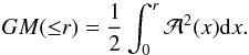 Mathematical equation: \begin{equation} GM({\le}r) = {1\over 2} \int_0^r {\cal A}^2(x) {\rm d}x. \label{e:caustic} \end{equation}