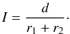 Mathematical equation: \begin{equation} I = \frac{d}{r_{\rm 1} + r_{\rm 2}}\cdot \label{eq:impactparameter} \end{equation}