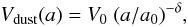 Mathematical equation: \begin{equation} V_{\rm dust}(a) = V_0~(a/a_0)^{-\delta}, \label{equ:4} \end{equation}
