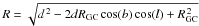 Mathematical equation: \hbox{$R = \sqrt { d^{\,2} - 2 d R_{\rm GC}\cos(b)\cos(l) + R_{\rm GC}^{\,2} }$}