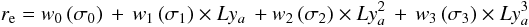 Mathematical equation: $$ r_{\rm e} = w_{0}\,({\sigma_0)}\,+\,w_{1}\,({\sigma_1}) \times Ly_{a}\,+w_{2}\,({\sigma_2}) \times Ly^{2}_{a}\,+\,w_{3}\,({\sigma_3}) \times Ly^{3}_{a} $$