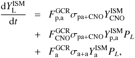Mathematical equation: \begin{eqnarray} \frac{{\rm d}Y^{\rm ISM}_{\rm L}}{{\rm d}t} \ &=& \ F^{\rm GCR}_{\rm p,a}\sigma_{\rm pa+CNO}Y^{\rm ISM}_{\rm CNO} \nonumber \\ \label{eqsimple} &+& \ F^{\rm GCR}_{\rm CNO}\sigma_{\rm pa+CNO}Y^{\rm ISM}_{\rm p,a} P_L \nonumber \\ &+& \ F^{\rm GCR}_{\rm a}\sigma_{\rm a+a}Y^{\rm ISM}_{\rm a} P_L, \end{eqnarray}