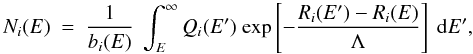 Mathematical equation: \begin{equation} N_i(E) \ = \ \frac{1}{b_i(E)} \ \int_E^{\infty} Q_i(E') \ {\rm exp} \left[-\frac{R_i(E')-R_i(E)}{\Lambda} \right] \ {\rm d}E', \end{equation}