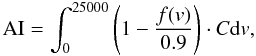Mathematical equation: \begin{equation} {\rm{AI}}=\int_{0}^{25000}\left(1-\frac{f(v)}{0.9}\right)\cdot C{\rm d}v, \end{equation}