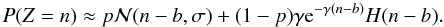 Mathematical equation: \begin{equation} P(Z=n) \approx p\mathcal{N}(n-b,\sigma) + (1-p) \gamma {\rm e}^{-\gamma (n - b) } H(n-b). \label{photon} \end{equation}