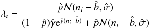 Mathematical equation: \begin{equation} \lambda_i = \frac{\hat{p} \mathcal{N}(n_{i}-\hat{b},\hat{\sigma})}{(1-\hat{p}) \hat{\gamma} {\rm e}^{\hat{\gamma}(n_{i}-\hat{b})} + \hat{p}\mathcal{N}(n_i-\hat{b},\hat{\sigma})} \end{equation}