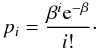 Mathematical equation: \begin{equation} p_i = \frac{\beta^{i}{\rm e}^{-\beta}}{i!}\cdot \end{equation}