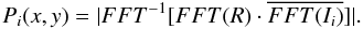 Mathematical equation: \begin{equation} P_{i}(x,y) = \vert FFT^{-1} [ FFT(R) \cdot \overline{FFT(I_i )} ] \vert. \end{equation}