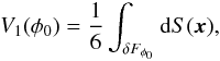 Mathematical equation: \appendix \setcounter{section}{3} \begin{equation} \label{mf1} V_1(\phi_0)=\frac16\int_{\delta F_{\phi_0}}\mathrm{d}S({\vec x}), \end{equation}