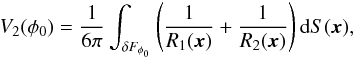 Mathematical equation: \appendix \setcounter{section}{3} \begin{equation} \label{mf2} V_2(\phi_0)=\frac1{6\pi}\int_{\delta F_{\phi_0}} \left(\frac1{R_1({\vec x})}+\frac1{R_2({\vec x})}\right)\mathrm{d}S({\vec x}), \end{equation}