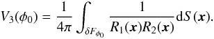 Mathematical equation: \appendix \setcounter{section}{3} \begin{equation} \label{mf3} V_3(\phi_0)=\frac1{4\pi}\int_{\delta F_{\phi_0}} \frac1{R_1({\vec x})R_2({\vec x})}\mathrm{d}S({\vec x}). \end{equation}