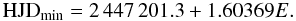 Mathematical equation: \begin{equation} {\rm HJD_{min}} = 2\,447\,201.3 + 1.60369E. \label{ephem} \end{equation}