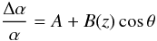 Mathematical equation: \begin{equation} \label{eq:dipolemonopole} \frac{\Delta\alpha}{\alpha} = A + B(z) \cos\theta \end{equation}