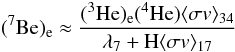 Mathematical equation: \begin{equation} \label{eq:7Be-equil} (^7\textrm{Be})_{\rm e} \approx \frac{(^3\textrm{He})_{\rm e}(^4\textrm{He})\langle \sigma v \rangle_{34}}{\lambda_{7} + {\rm H}\langle \sigma v \rangle_{17}} \end{equation}