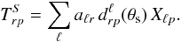 Mathematical equation: \begin{equation} \label{eq:signal_map} T^{S}_{r p} = \sum_{\ell} a_{\ell r} \, d^{\ell}_{r p}(\theta_{\mathrm{s}}) \, X_{\ell p}. \end{equation}