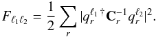 Mathematical equation: \begin{equation} \label{eq:fisher_torus} F_{\ell_{1} \ell_{2}} = \frac{1}{2} \sum_{r} \vert q^{\ell_{1} \, \dagger}_{r} \mathbf{C}^{-1}_{r} q^{\ell_{2}}_{r} \vert^2. \end{equation}