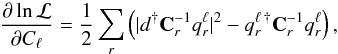 Mathematical equation: \begin{equation} \label{eq:score_torus} \frac{\partial \ln {\cal L}}{\partial C_{\ell}} = \frac{1}{2} \sum_{r} \left( \vert d^{\dagger} \mathbf{C}^{-1}_{r} q^{\ell}_{r} \vert^2 - q^{\ell \, \dagger}_{r} \mathbf{C}^{-1}_{r} q^{\ell}_{r} \right), \end{equation}