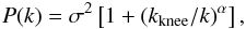 Mathematical equation: \begin{equation} \label{eq:noise} P(k) = \sigma^2 \left[ 1 + \left( k_{\mathrm{knee}} / k \right)^{\alpha}\right], \end{equation}