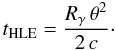 Mathematical equation: \begin{equation} t_{\rm HLE}=\frac{R_{\gamma}\,\theta^2}{2\,c}\cdot \end{equation}