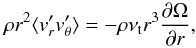Mathematical equation: \begin{equation} \rho r^2 \langle v_r^\prime v_{\theta}^\prime \rangle = - \rho\nu_{\rm t}r^3\frac{\partial\Omega}{\partial r}, \end{equation}