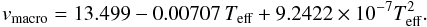 \appendix \setcounter{section}{5} \begin{equation} v_{\rm macro} = 13.499 - 0.00707 \, \tef + 9.2422 \times 10^{-7} \tef^2. \end{equation}