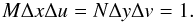 Mathematical equation: \begin{equation} M\Delta x\Delta u = N\Delta y\Delta v = 1. \end{equation}