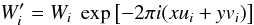 Mathematical equation: \begin{equation} W_i' = W_i\ \exp\left[-2\pi i(xu_i + yv_i)\right] \end{equation}