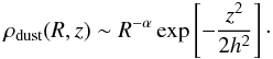 Mathematical equation: \begin{equation} \rho_{\rm{dust}}(R,z) \sim {R}^{-\alpha} \exp\left[-\frac{z^2}{2h^2}\right]\cdot \label{flared_disk} \end{equation}