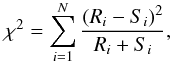 Mathematical equation: \begin{equation} \label{eq:chi-square-statistic_unequal} \chi^{2} = \sum\limits_{i = 1}^{N} \frac{\left( R_{i} - S_{i} \right)^{2}}{R_{i} + S_{i}}, \end{equation}