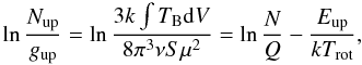 Mathematical equation: \begin{equation} \ln\frac{N_{\rm up}}{g_{\rm up}}=\ln\frac{3k\int T_{\rm B}{\rm d}V}{8\pi^3\nu S\mu^2}=\ln\frac{N}{Q}-\frac{E_{\rm up}}{kT_{\rm rot}}, \end{equation}