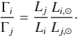 $$ \frac{\Gamma_i}{\Gamma_j} = \frac{L_j}{L_i} \frac{L_{i,\odot}}{L_{j,\odot}}\cdot $$