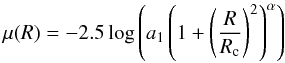 \appendix \setcounter{section}{1} \begin{equation} \label{eq:light1} \mu(R)=-2.5\log \left(a_1 \left (1+\left( \frac{R}{R_{\rm c}} \right)^2 \right)^{\alpha}\right) \end{equation}