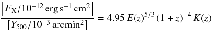 \begin{equation} \frac{\left[F_{\rm X}/{\rm 10^{-12}\, erg\,s^{-1}\,cm^2}\right]} {\left[\YSZ/{\rm 10^{-3}\,arcmin^2}\right]}= 4.95\, E(z)^{5/3}\, (1+z)^{-4}\, K(z) \label{eq:fluxxsz} \end{equation}