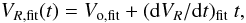 Mathematical equation: \begin{equation} \label{linear_fit} V_{R, \rm fit}(t) = V_{\rm o, fit} + \dVxdt ~t , \end{equation}