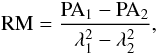 Mathematical equation: \begin{equation} \label{rm_def} {\rm RM} = \frac{{\rm PA}_1 - {\rm PA}_2}{\lambda_1^2-\lambda_2^2}, \end{equation}