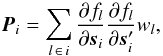 Mathematical equation: \begin{equation} \label{eq:C_SS1ij} \vec{P}_i = \sum_{ l\, \in \, i } \frac{\partial f_l}{\partial\vec{s}_i} \frac{\partial f_l}{\partial\vec{s}_i'} w_l , \end{equation}