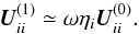 Mathematical equation: \begin{equation} \label{eq:UdiagRatio} \vec{U}^{(1)}_{ii} \simeq \omega\eta_i\vec{U}^{(0)}_{ii} . \end{equation}
