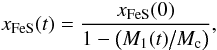 \begin{equation} x_{\rm FeS}(t)={x_{\rm FeS}(0)\over 1-\left(M_{\rm 1}(t)\big/ M_{\rm c}\right)},\label{eqxFeS} \end{equation}