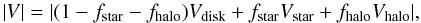 Mathematical equation: \begin{equation} |V| = |(1-f_\mathrm{star}-f_\mathrm{halo})V_\mathrm{disk} + f_\mathrm{star}V_\mathrm{star} + f_\mathrm{halo}V_\mathrm{halo}|, \end{equation}