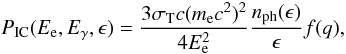 \begin{equation} P_{\rm IC}(E_{\rm e},E_{\gamma},\epsilon) = \frac{3\sigma_{\rm T}c(m_{\rm e}c^{2})^{2}}{4E_{\rm e}^{2}} \frac{n_{\rm ph}(\epsilon)}{\epsilon} f(q), \end{equation}