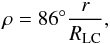 Mathematical equation: \begin{equation} \rho = 86^\circ \frac{r}{R_\mathrm{LC}}, \end{equation}