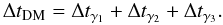 Mathematical equation: \begin{equation} \Delta t_{\mathrm{DM}} = \Delta t_{\gamma_1} + \Delta t_{\gamma_2} + \Delta t_{\gamma_3}. \end{equation}
