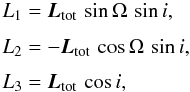 \begin{equation} \begin{array}{l} \displaystyle L_1 = \vec{L}_{\rm tot} \, \sin{\Omega} \, \sin{i},\\[1.5mm] \displaystyle L_2 = - \vec{L}_{\rm tot} \, \cos{\Omega} \, \sin{i}, \\[1.5mm] \displaystyle L_3 = \vec{L}_{\rm tot} \, \cos{i},\\ \end{array} \label{eq:area_integrals} \end{equation}